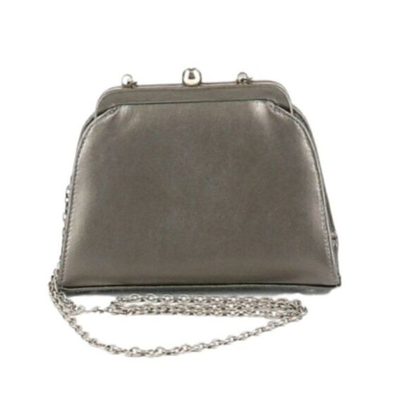 Vtg 90's Inge Christopher Evening Bag Gunmetal Gray Leather Crossbody Baguette - Picture 1 of 11
